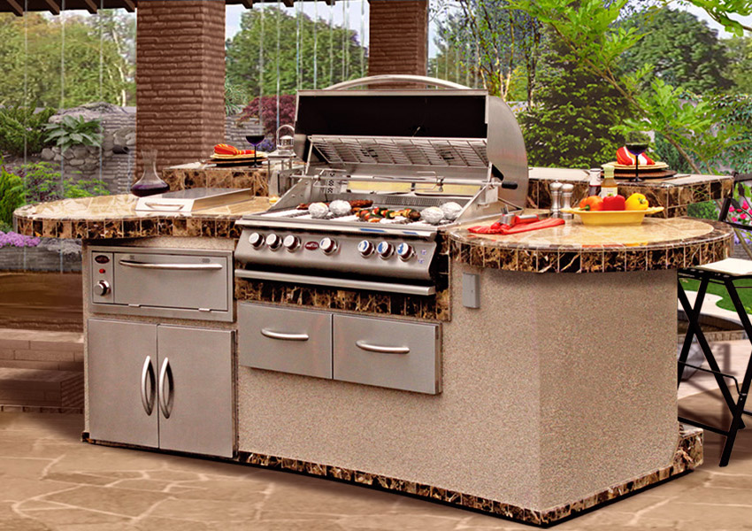 Cal Flame setting with a grill, fire pit, and entertainment center